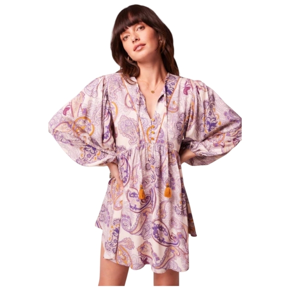 BAND OF THE FREE Sz M Cream Purple Paisley Lyonette Boho Flowy Mini Dress - Picture 2 of 16